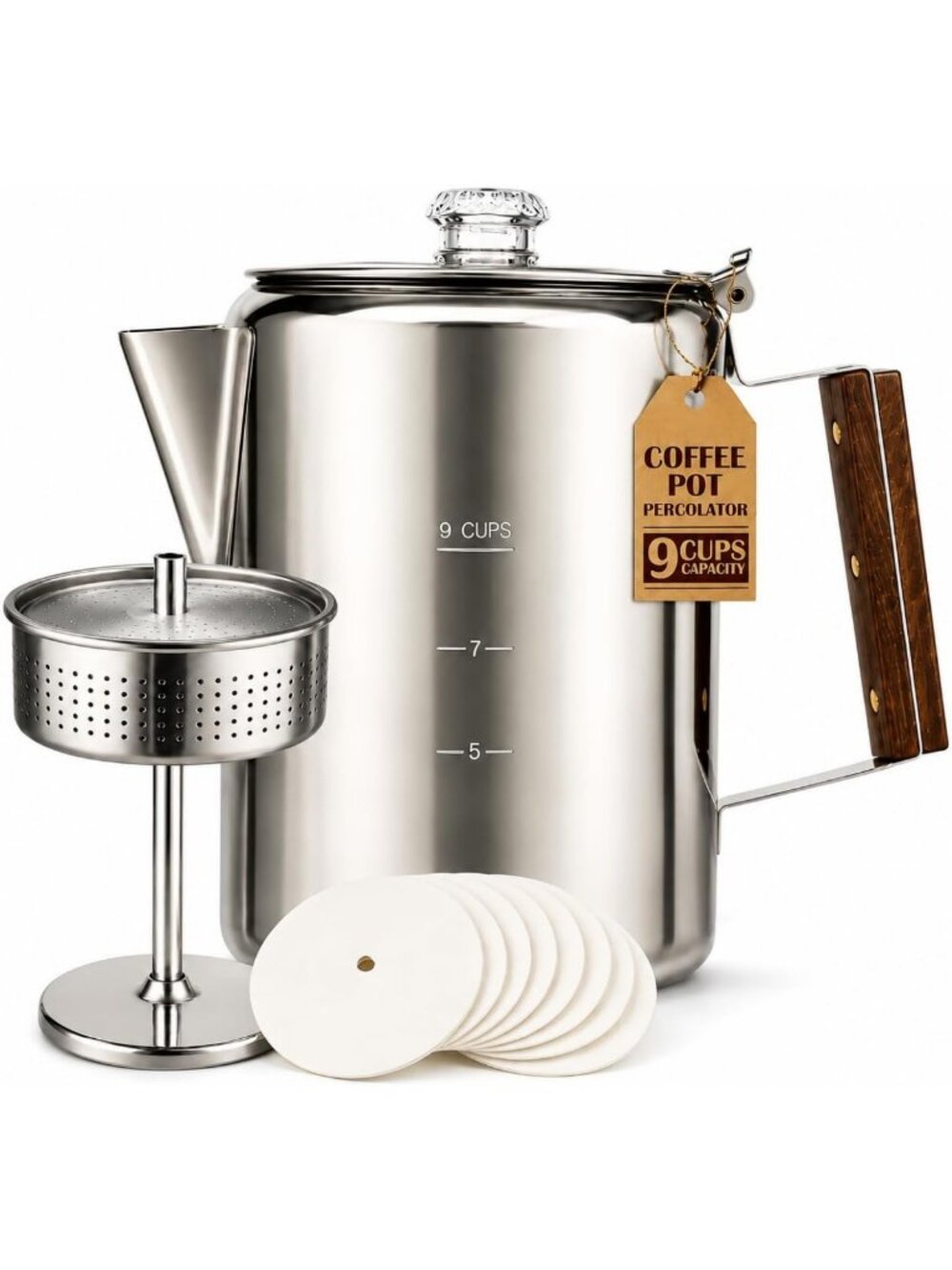 9-Cup Stainless Steel Stovetop Coffee Percolator - Durable & Stylish Brew Pot
